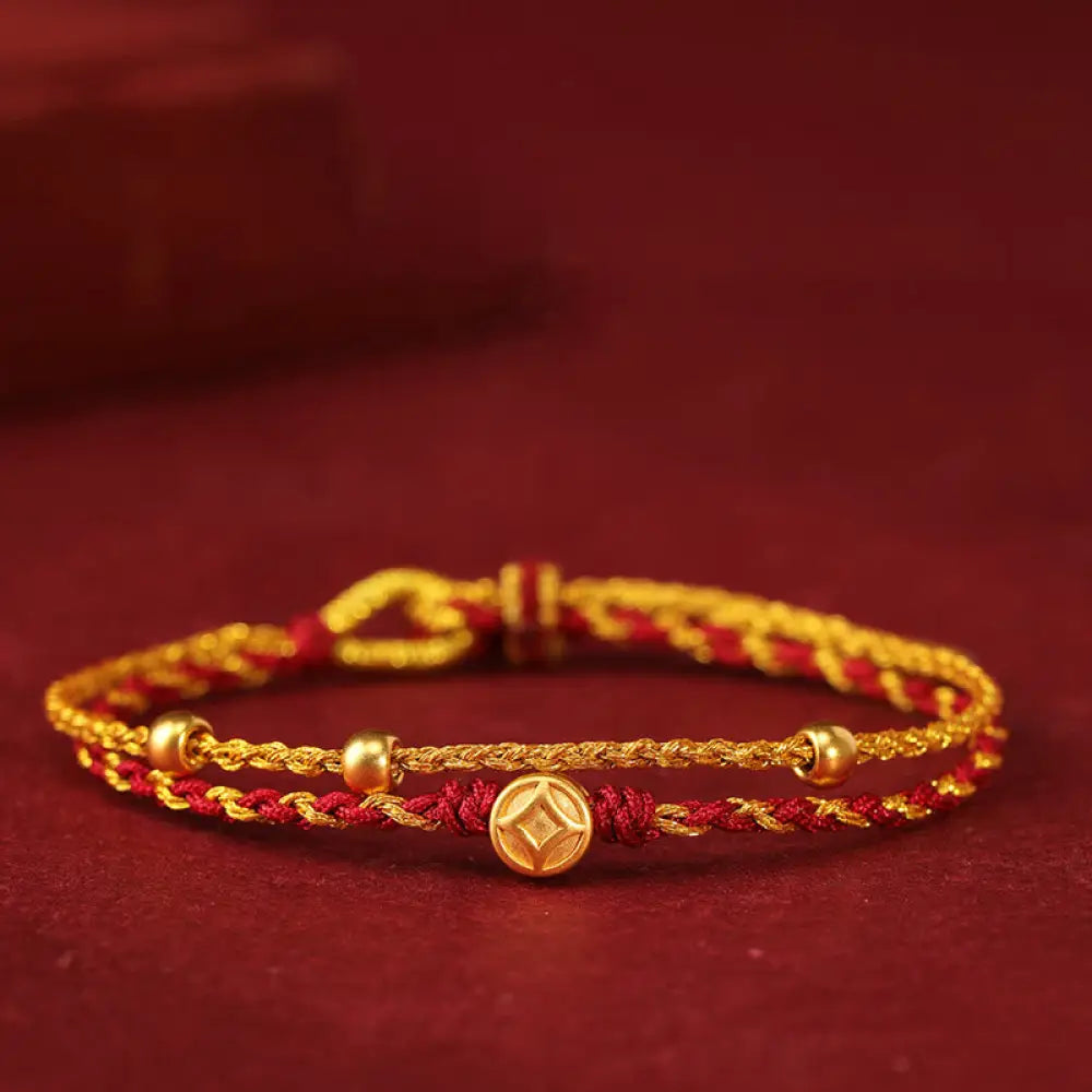 Buddha Stones 999 Gold Beads Copper Coin Double Wrap Golden Red String Connection Braided Bracelet - 999 Gold Copper