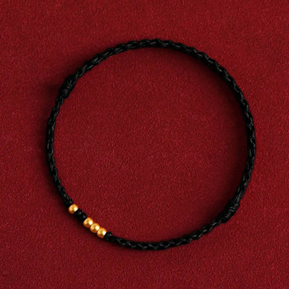 Buddha Stones 999 Gold Beads Luck Braided Protection Couple Bracelet - BWOOOH - Black Rope(One&amp;Three Gold Beads) / 14cm