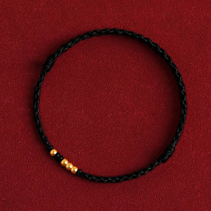 Buddha Stones 999 Gold Beads Luck Braided Protection Couple Bracelet - BWOOOH - Black Rope(One&amp;Three Gold Beads) / 14cm