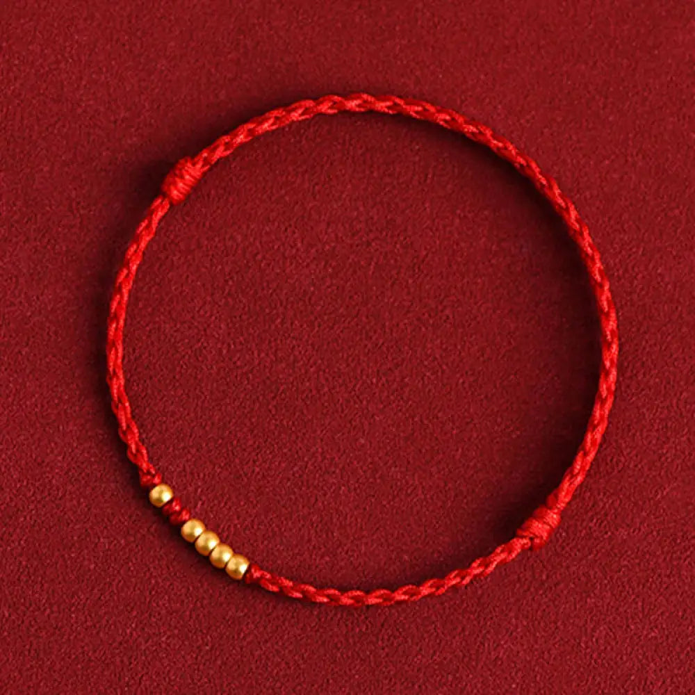 Buddha Stones 999 Gold Beads Luck Braided Protection Couple Bracelet - BWOOOH - Red Rope(One&amp;Four Gold Beads) / 14cm