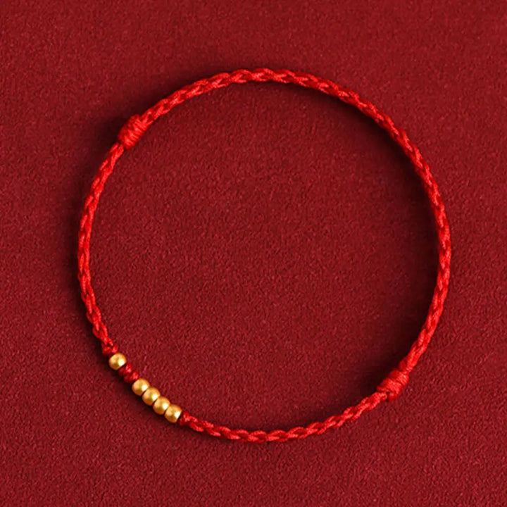 Buddha Stones 999 Gold Beads Luck Braided Protection Couple Bracelet - BWOOOH - Red Rope(One&amp;Four Gold Beads) / 14cm