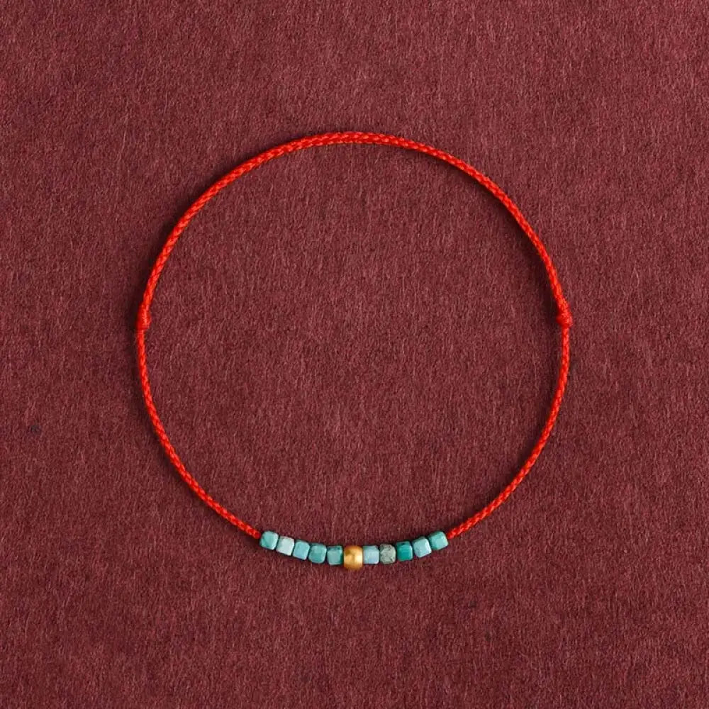 Buddha Stones 999 Gold Beads Turquoise Protection Braided Bracelet Anklet - BWOOOH - Red Rope / Bracelet(Wrist