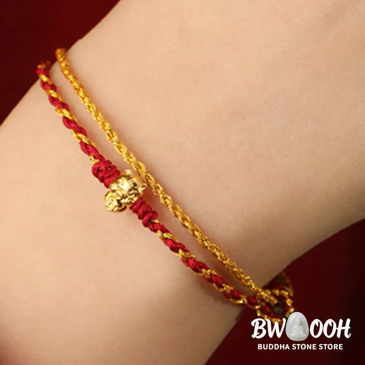 Buddha Stones 999 Gold Beads Year Of The Horse Double Wrap Golden Red String Luck Bracelet - Bracelet