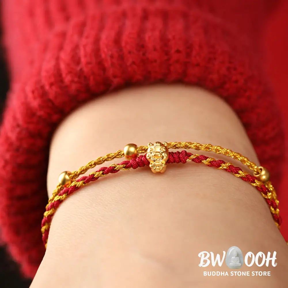 Buddha Stones 999 Gold Beads Year Of The Horse Double Wrap Golden Red String Luck Bracelet - Bracelet