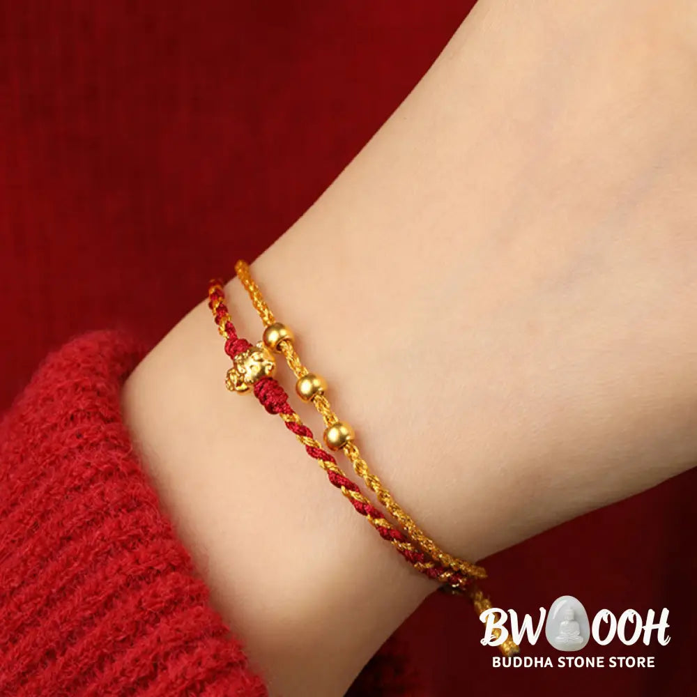 Buddha Stones 999 Gold Beads Year Of The Horse Double Wrap Golden Red String Luck Bracelet - Bracelet