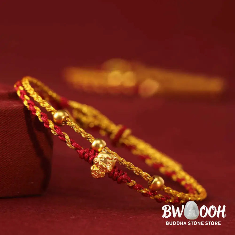 Buddha Stones 999 Gold Beads Year Of The Horse Double Wrap Golden Red String Luck Bracelet - Bracelet