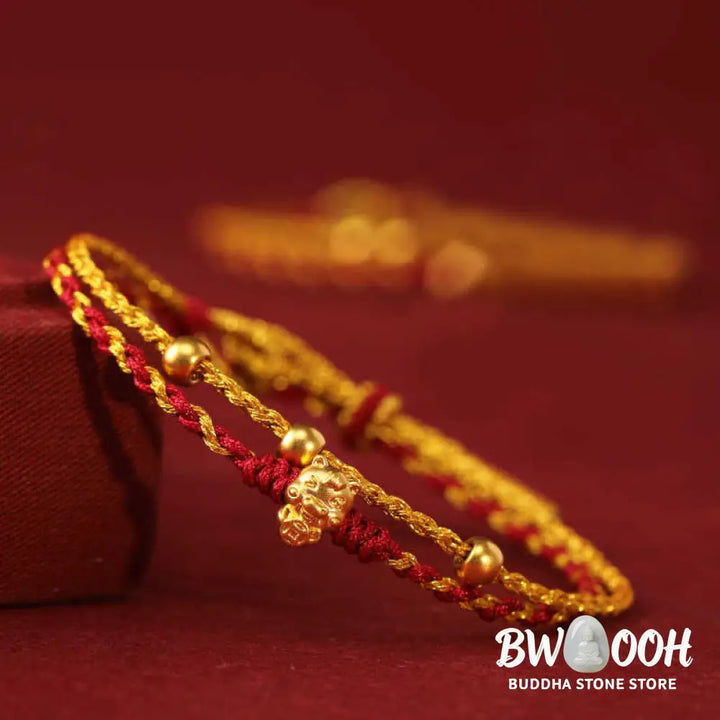 Buddha Stones 999 Gold Beads Year Of The Horse Double Wrap Golden Red String Luck Bracelet - Bracelet