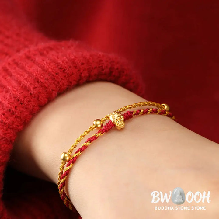 Buddha Stones 999 Gold Beads Year Of The Horse Double Wrap Golden Red String Luck Bracelet - Bracelet