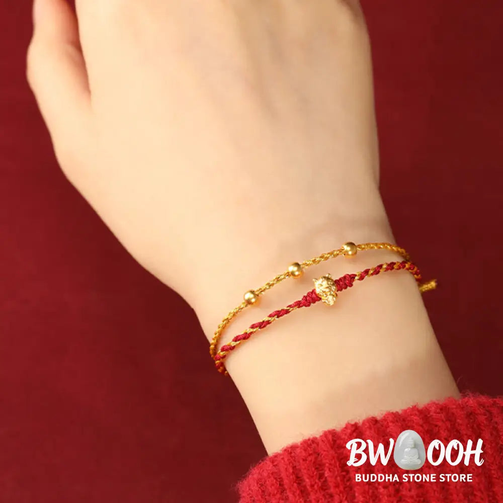 Buddha Stones 999 Gold Beads Year Of The Horse Double Wrap Golden Red String Luck Bracelet - Bracelet