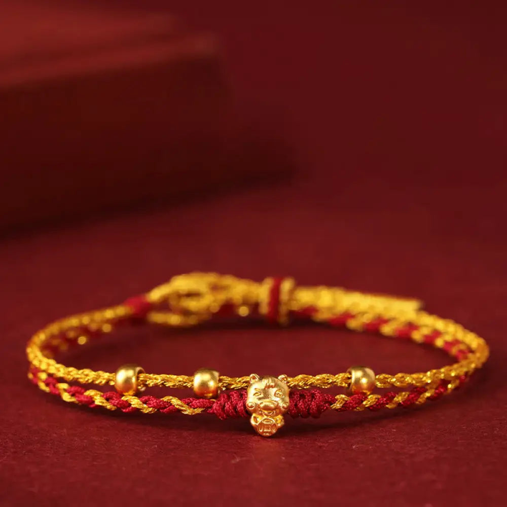 Buddha Stones 999 Gold Beads Year Of The Horse Double Wrap Golden Red String Luck Bracelet - 999 Gold Horse&amp; 999 Gold