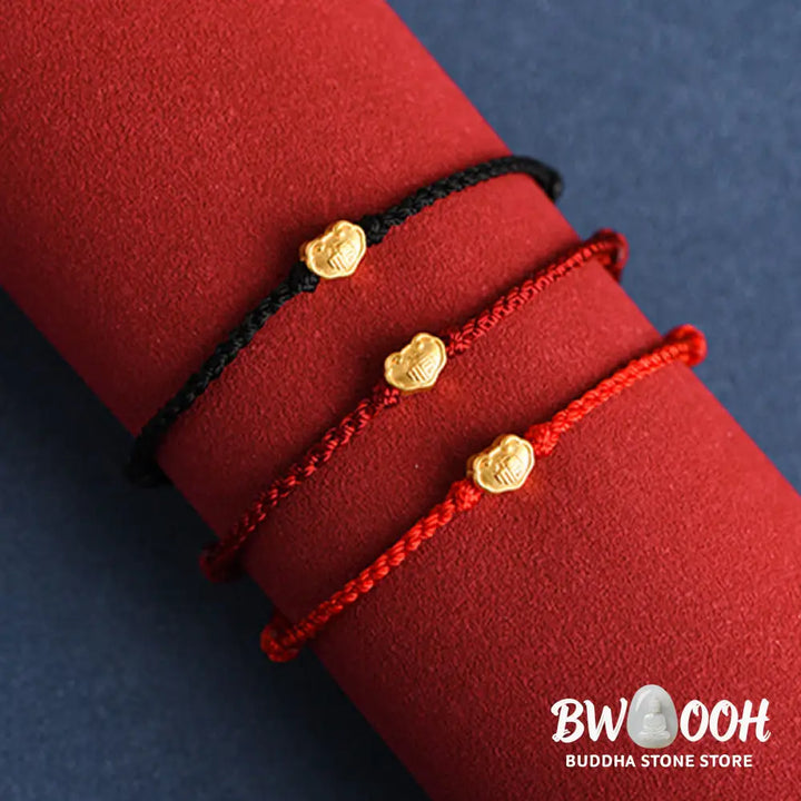 Buddha Stones 999 Gold Chinese Lock Charm Fu Character Protection Handmade Rope Bracelet - BWOOOH - Bracelet