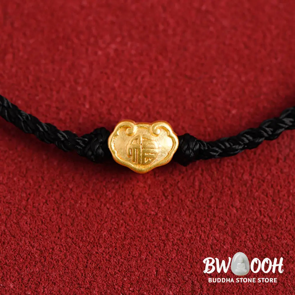 Buddha Stones 999 Gold Chinese Lock Charm Fu Character Protection Handmade Rope Bracelet - BWOOOH - Bracelet