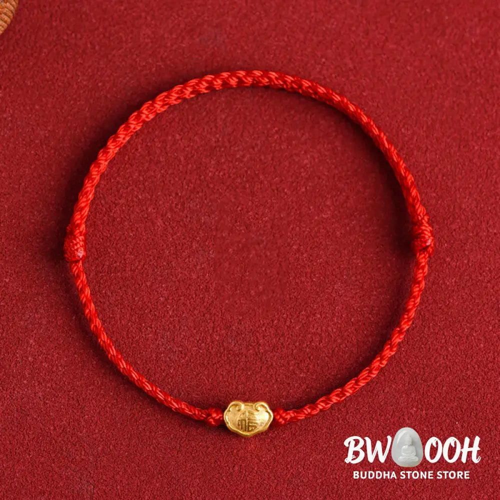 Buddha Stones 999 Gold Chinese Lock Charm Fu Character Protection Handmade Rope Bracelet - BWOOOH - Bracelet