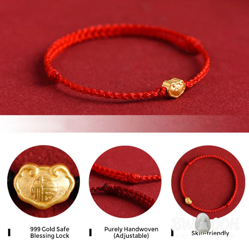 Buddha Stones 999 Gold Chinese Lock Charm Fu Character Protection Handmade Rope Bracelet - BWOOOH - Bracelet