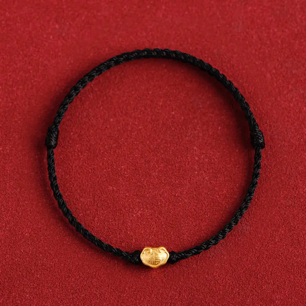 Buddha Stones 999 Gold Chinese Lock Charm Fu Character Protection Handmade Rope Bracelet - BWOOOH - Black / Adult