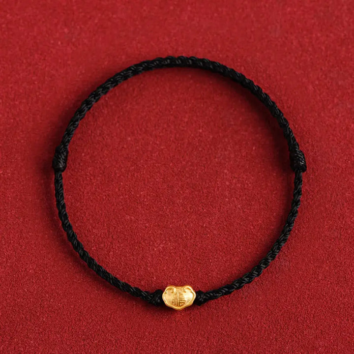 Buddha Stones 999 Gold Chinese Lock Charm Fu Character Protection Handmade Rope Bracelet - BWOOOH - Black / Adult