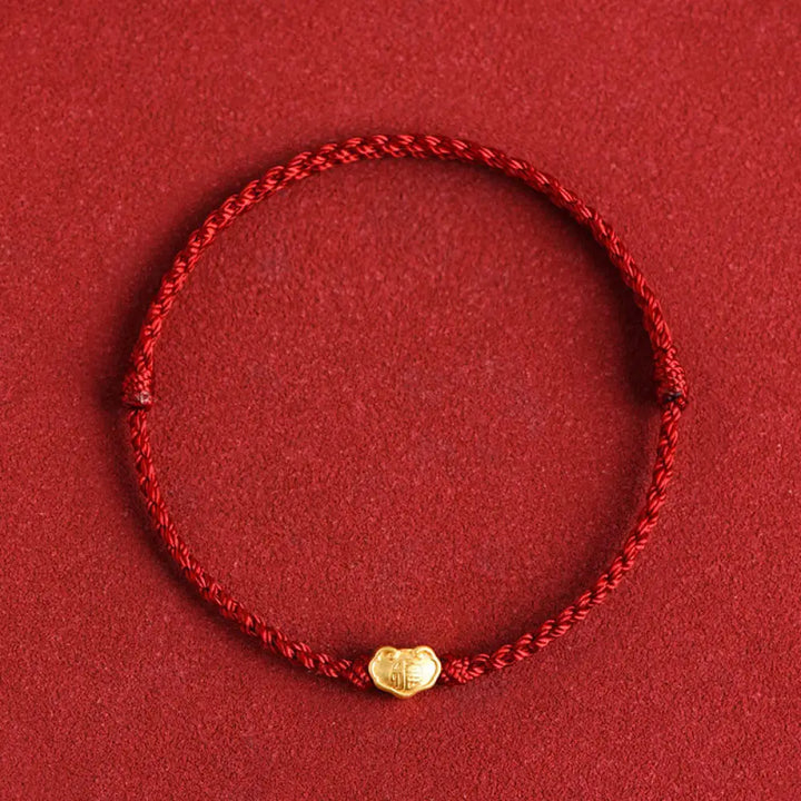 Buddha Stones 999 Gold Chinese Lock Charm Fu Character Protection Handmade Rope Bracelet - BWOOOH - Dark Red / Adult