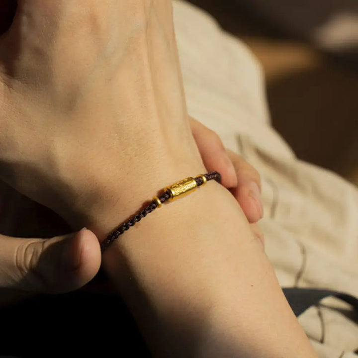 Buddha Stones 999 Gold Good Luck Amulet Carved Design Handmade Strength Braided Rope Bracelet - BWOOOH - Brown(Gold
