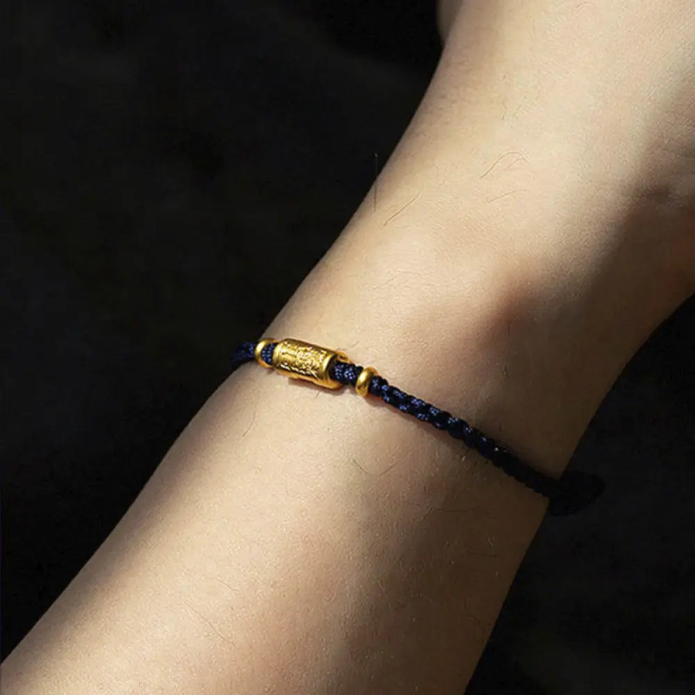 Buddha Stones 999 Gold Good Luck Amulet Carved Design Handmade Strength Braided Rope Bracelet - BWOOOH - Navy Blue(Gold