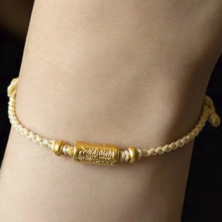 Buddha Stones 999 Gold Good Luck Amulet Carved Design Handmade Strength Braided Rope Bracelet - BWOOOH - Toffee(Gold