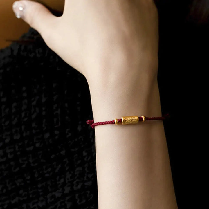 Buddha Stones 999 Gold Good Luck Amulet Carved Design Handmade Strength Braided Rope Bracelet - BWOOOH - Wine Red(Gold