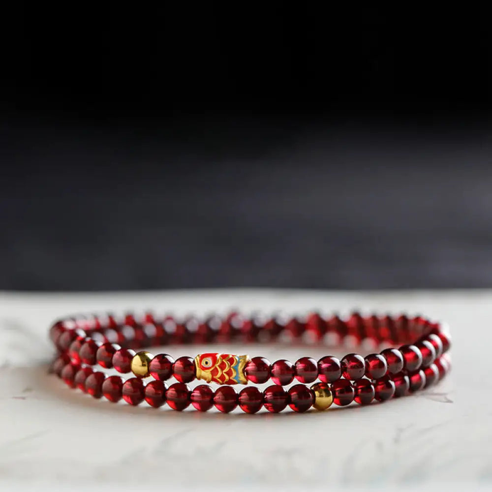 Buddha Stones 999 Gold Koi Fish Natural Garnet Protection Bracelet - BWOOOH - 4mm-Garnet&amp;Gold Koi Fish Double Wrap