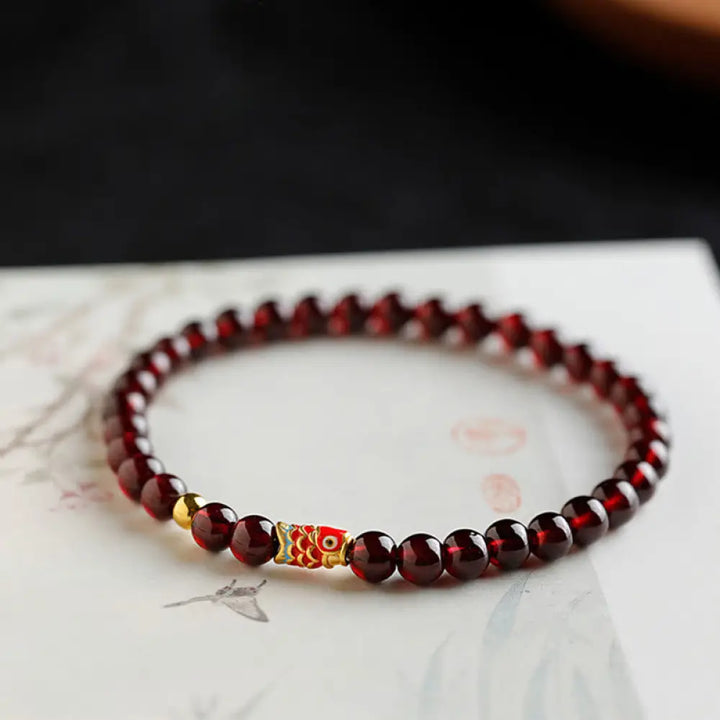 BWOOOH 999 Gold Koi Fish Natural Garnet Protection Bracelet - BWOOOH - 5mm-Garnet&amp;Gold Koi Fish / 14cm - Bracelet