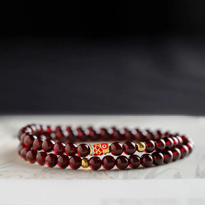 Buddha Stones 999 Gold Koi Fish Natural Garnet Protection Bracelet - BWOOOH - 5mm-Garnet&amp;Gold Koi Fish Double Wrap