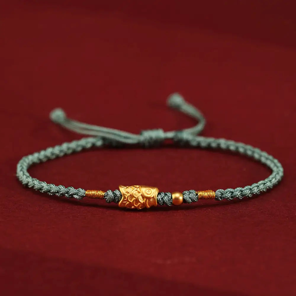 Buddha Stones 999 Gold Luck Protection Koi Fish Handmade Braided String Bracelet - Green(Wrist Circumference: 14-18cm)