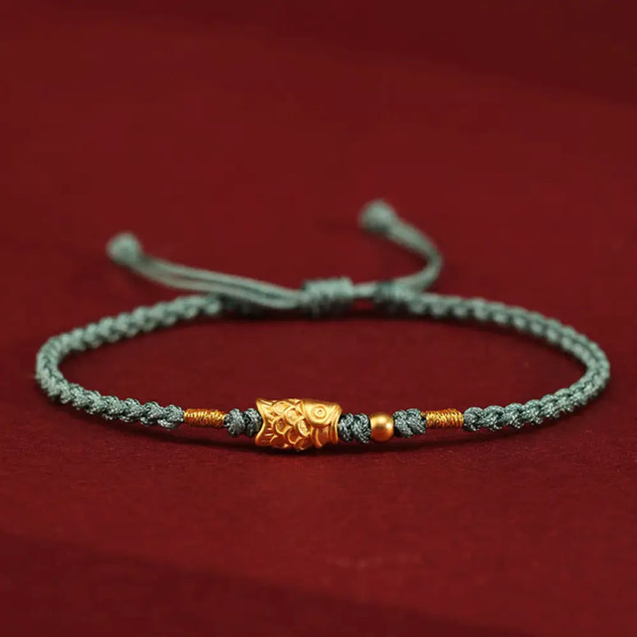 Buddha Stones 999 Gold Luck Protection Koi Fish Handmade Braided String Bracelet - Green(Wrist Circumference: 14-18cm)