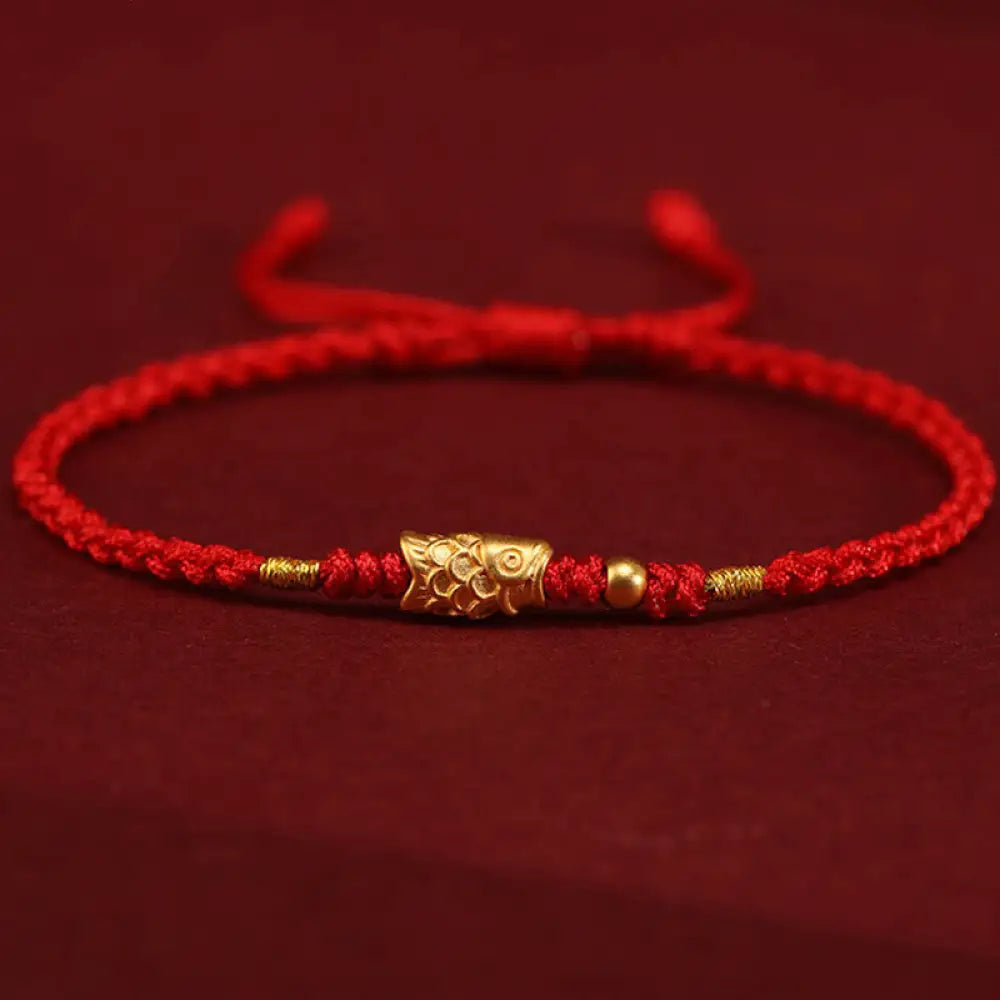 Buddha Stones 999 Gold Luck Protection Koi Fish Handmade Braided String Bracelet - Red(Wrist Circumference: 14-18cm)