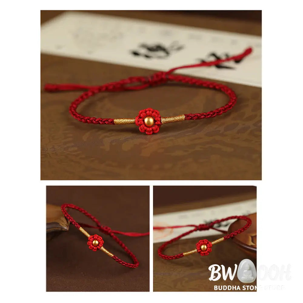 Buddha Stones 999 Gold Mini Bead Handmade Flower Design Luck Protection Rope Bracelet - BWOOOH - Bracelet