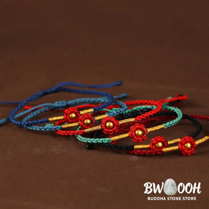 Buddha Stones 999 Gold Mini Bead Handmade Flower Design Luck Protection Rope Bracelet - BWOOOH - Bracelet