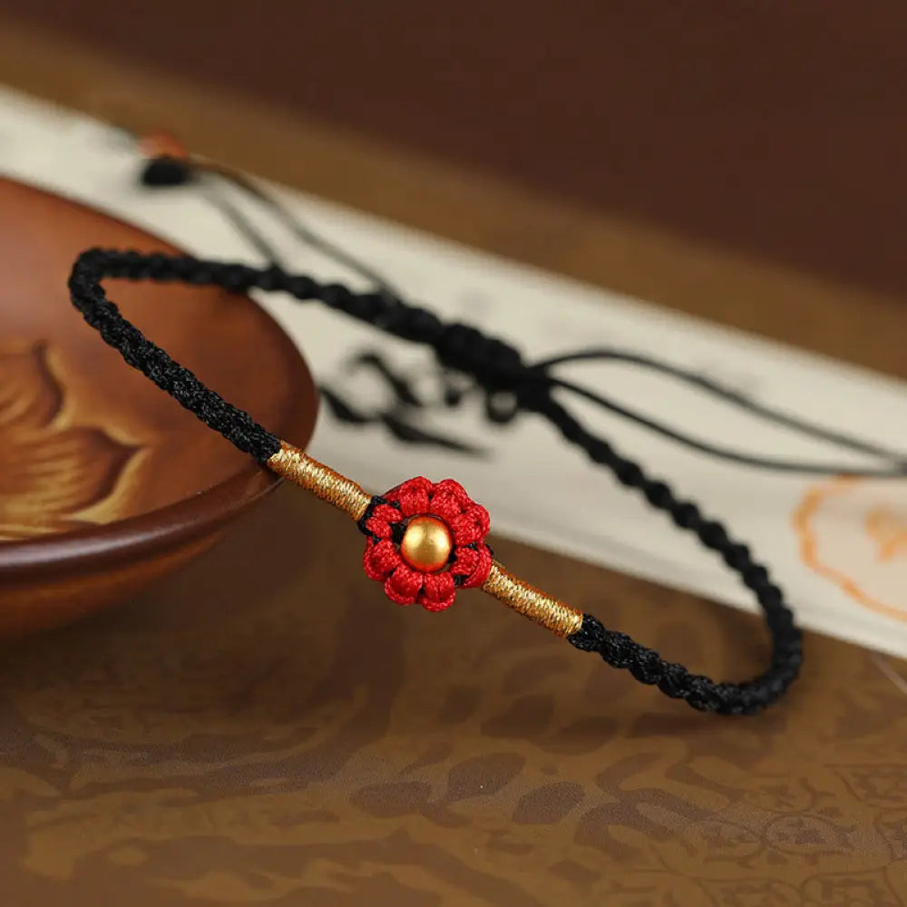 Buddha Stones 999 Gold Mini Bead Handmade Flower Design Luck Protection Rope Bracelet - BWOOOH - 4mm Bead Black(Wrist