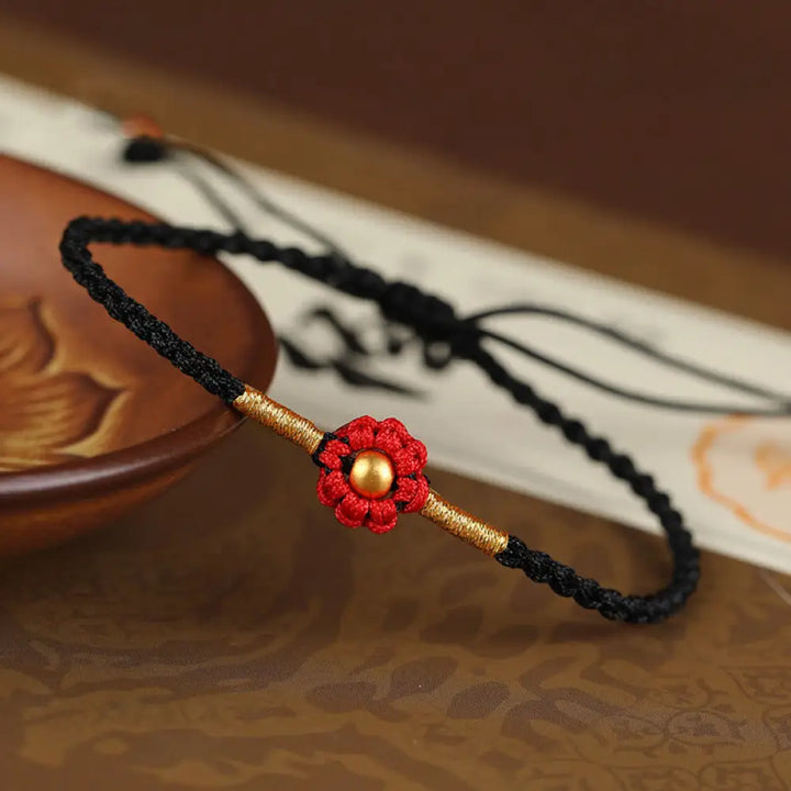 Buddha Stones 999 Gold Mini Bead Handmade Flower Design Luck Protection Rope Bracelet - BWOOOH - 4mm Bead Black(Wrist