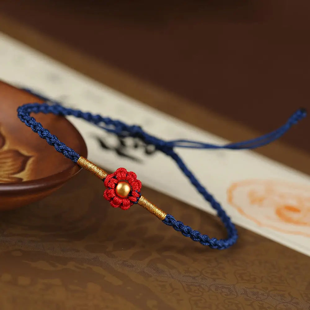 Buddha Stones 999 Gold Mini Bead Handmade Flower Design Luck Protection Rope Bracelet - BWOOOH - 4mm Bead Blue(Wrist