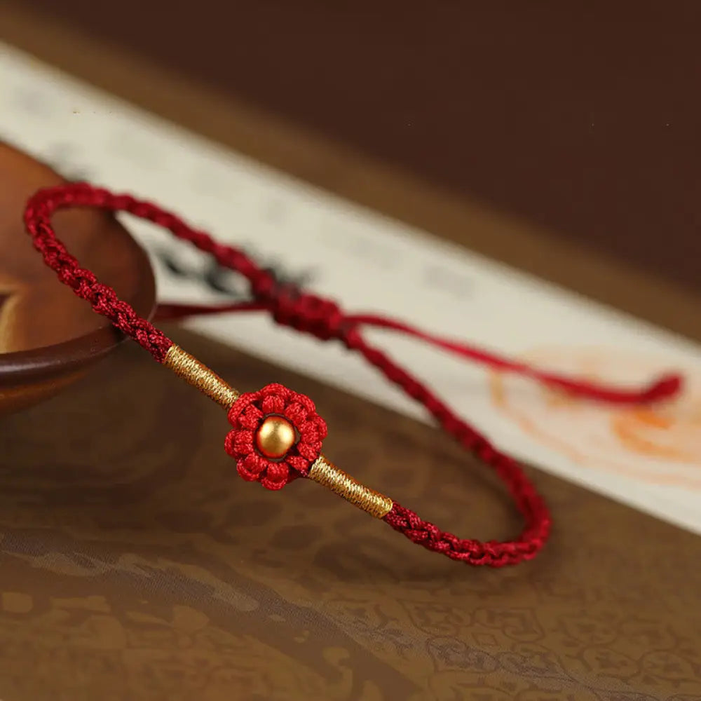 Buddha Stones 999 Gold Mini Bead Handmade Flower Design Luck Protection Rope Bracelet - BWOOOH - 4mm Bead Dark