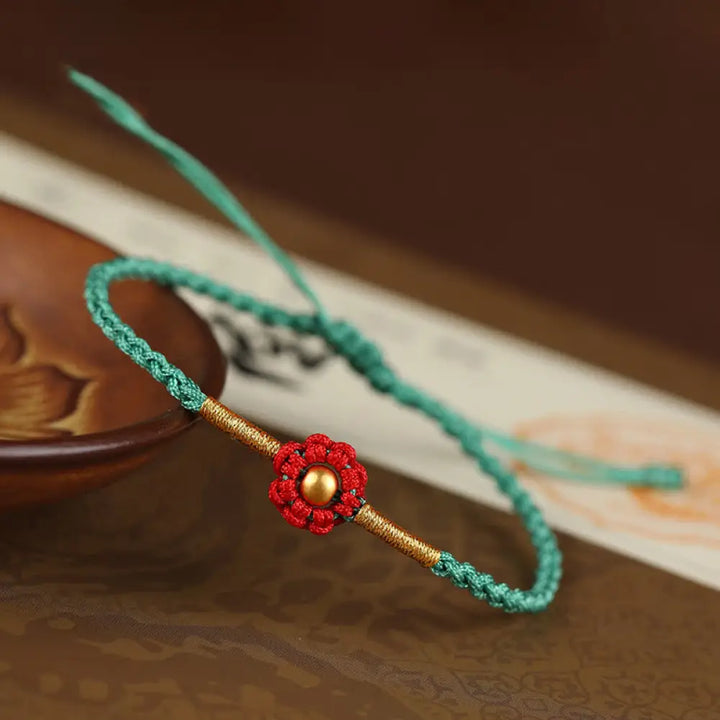 Buddha Stones 999 Gold Mini Bead Handmade Flower Design Luck Protection Rope Bracelet - BWOOOH - 4mm Bead Green(Wrist