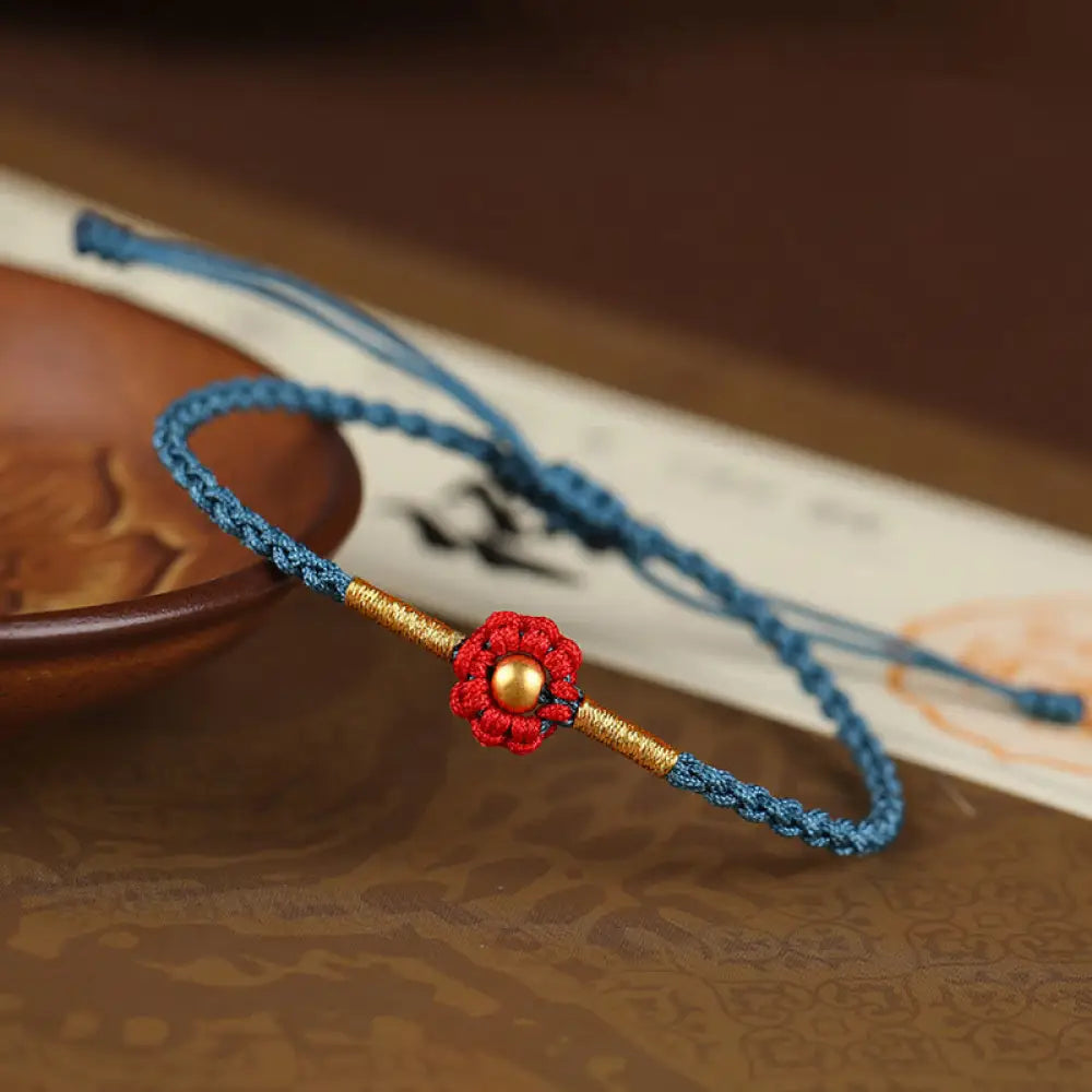 Buddha Stones 999 Gold Mini Bead Handmade Flower Design Luck Protection Rope Bracelet - BWOOOH - 4mm Bead Light