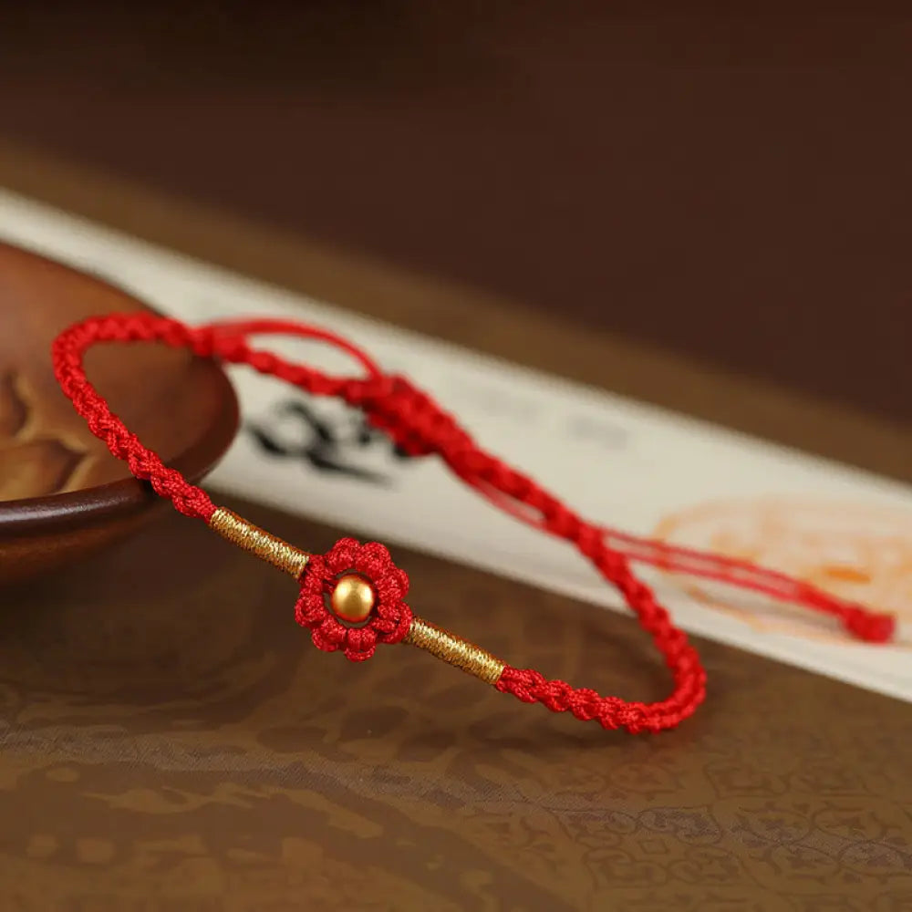 Buddha Stones 999 Gold Mini Bead Handmade Flower Design Luck Protection Rope Bracelet - BWOOOH - 4mm Bead Red(Wrist