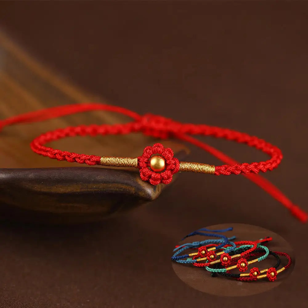 BWOOOH 999 Gold Mini Bead Handmade Flower Design Luck Protection Rope Bracelet - BWOOOH - Bracelet