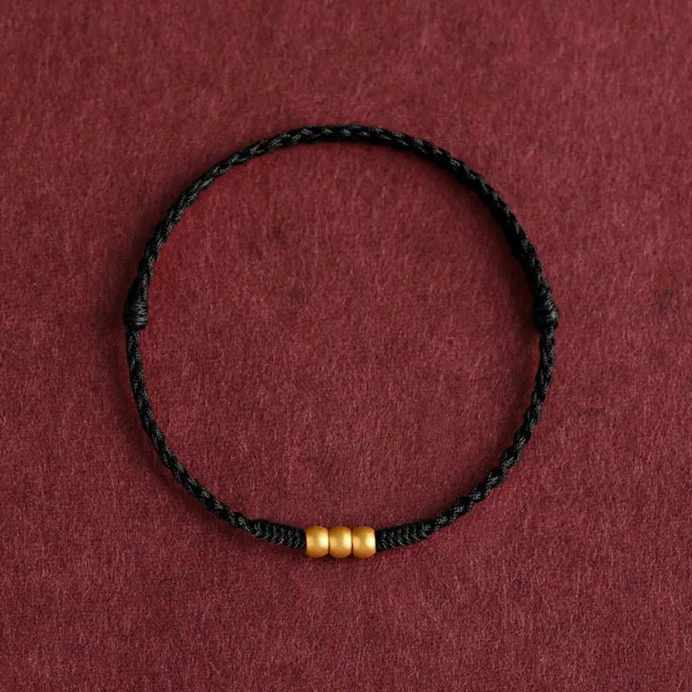 Buddha Stones 999 Gold Mini Three Beads Design Handmade Luck Rope Bracelet Anklet - BWOOOH - Bracelet(Wrist
