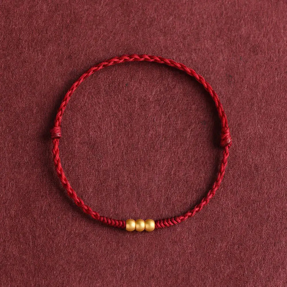 Buddha Stones 999 Gold Mini Three Beads Design Handmade Luck Rope Bracelet Anklet - BWOOOH - Bracelet(Wrist