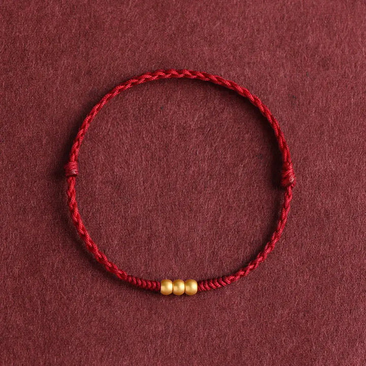 Buddha Stones 999 Gold Mini Three Beads Design Handmade Luck Rope Bracelet Anklet - BWOOOH - Bracelet(Wrist
