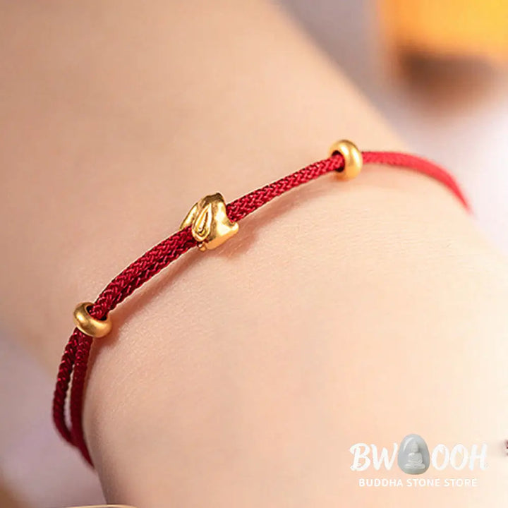 Buddha Stones 999 Gold Small Lucky Rabbit Osmanthus Design Handmade Luck Braided Rope Bracelet - BWOOOH - Bracelet