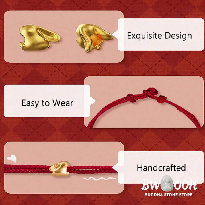 Buddha Stones 999 Gold Small Lucky Rabbit Osmanthus Design Handmade Luck Braided Rope Bracelet - BWOOOH - Bracelet