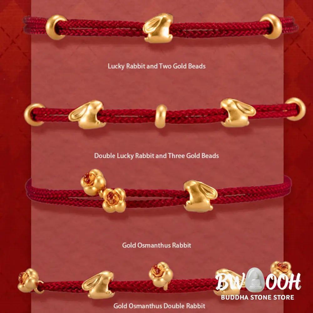 Buddha Stones 999 Gold Small Lucky Rabbit Osmanthus Design Handmade Luck Braided Rope Bracelet - BWOOOH - Bracelet