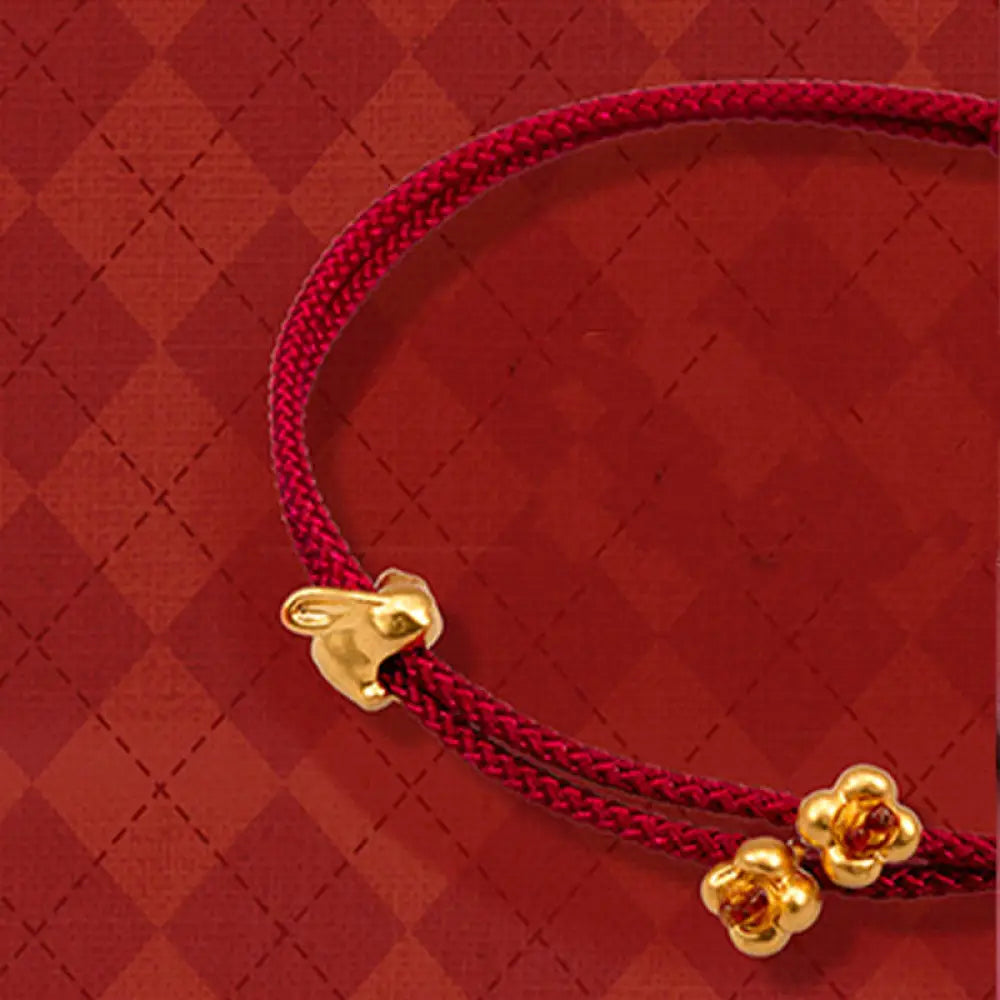 Buddha Stones 999 Gold Small Lucky Rabbit Osmanthus Design Handmade Luck Braided Rope Bracelet - BWOOOH - Gold