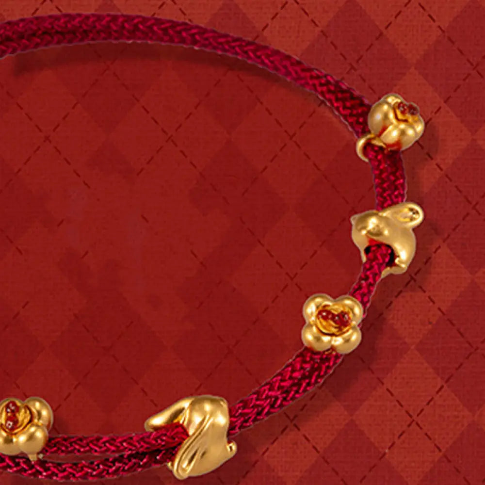 Buddha Stones 999 Gold Small Lucky Rabbit Osmanthus Design Handmade Luck Braided Rope Bracelet - BWOOOH - Gold