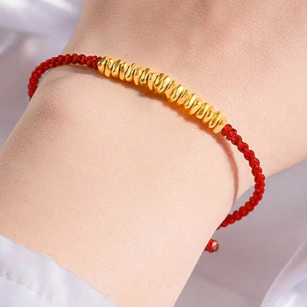 Buddha Stones 999 Gold Small Gold Pieces Design Handmade Protection Braided Rope Bracelet - BWOOOH - Red(Gold About